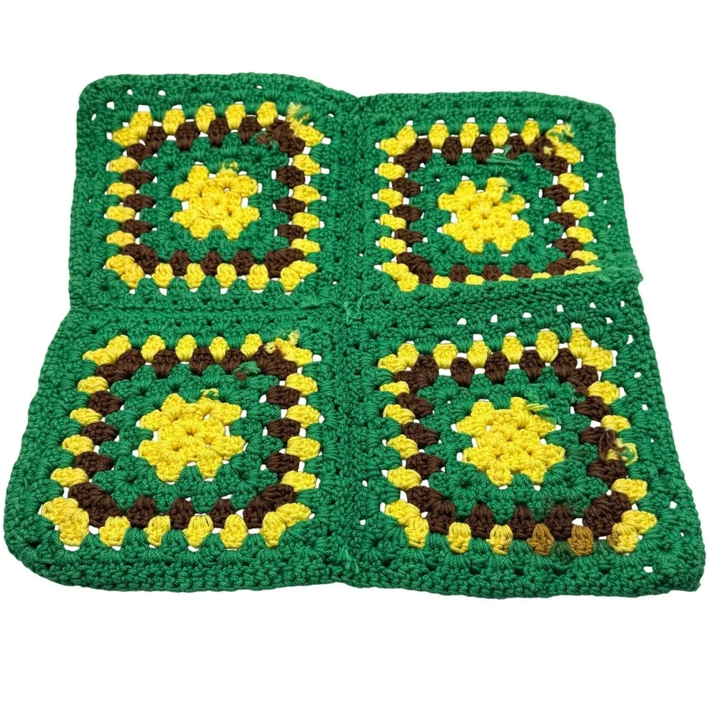 Handmade Vintage Granny Square Washcloth Crochet Heavy Duty Green Yellow 10.5in